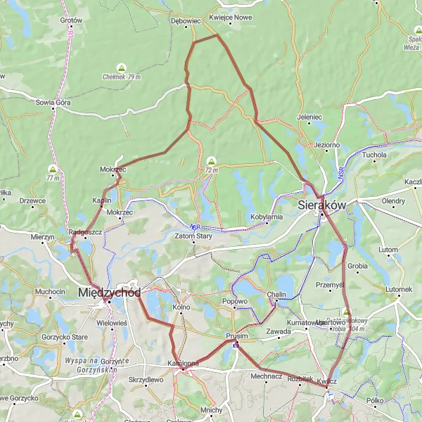 Map miniature of "Scenic Gravel Tour to Sieraków" cycling inspiration in Wielkopolskie, Poland. Generated by Tarmacs.app cycling route planner