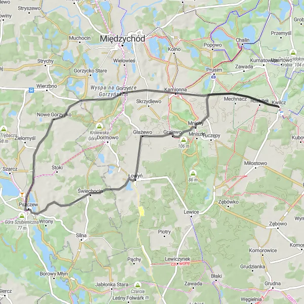 Map miniature of "Discover the Secrets of Kwilcz" cycling inspiration in Wielkopolskie, Poland. Generated by Tarmacs.app cycling route planner