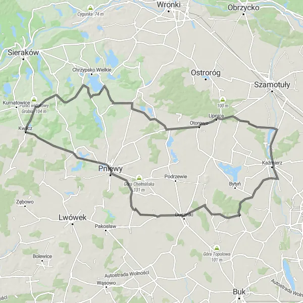 Map miniature of "The Łężeczki Viewpoint Route" cycling inspiration in Wielkopolskie, Poland. Generated by Tarmacs.app cycling route planner
