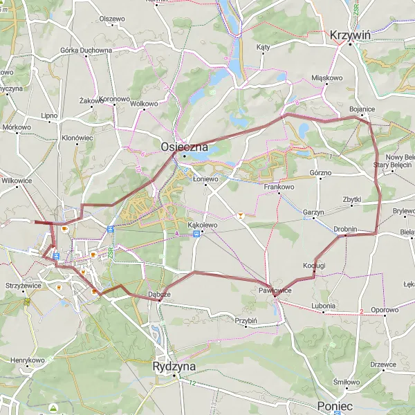 Miniatura mapy "Trasa Leszno - Osieczna - Krzemieniewo - Dąbcze - Leszno" - trasy rowerowej w Wielkopolskie, Poland. Wygenerowane przez planer tras rowerowych Tarmacs.app