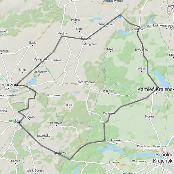 Map miniature of "Scenic Route Through Kamień Krajeński" cycling inspiration in Wielkopolskie, Poland. Generated by Tarmacs.app cycling route planner