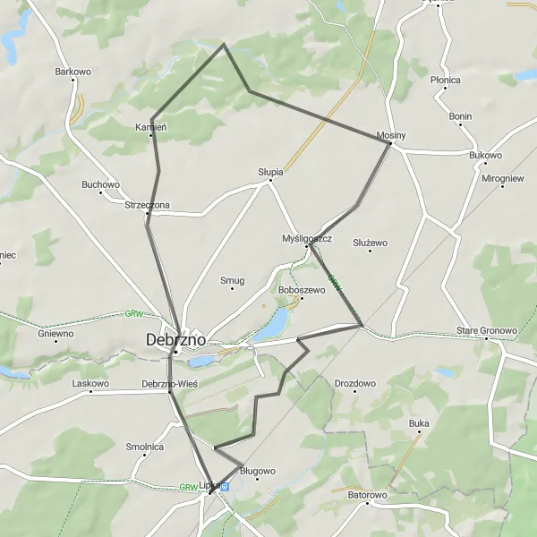 Map miniature of "Debrzno-Wieś Explorations" cycling inspiration in Wielkopolskie, Poland. Generated by Tarmacs.app cycling route planner