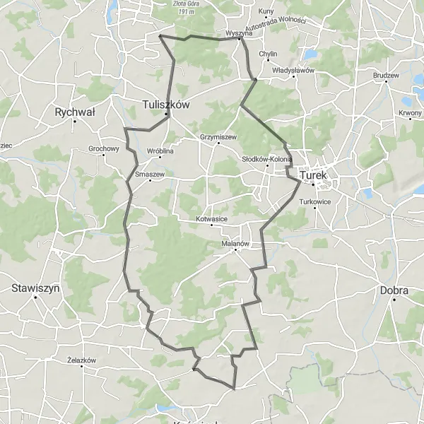 Miniatura mapy "Trasa przez Mycielin i Tuliszków" - trasy rowerowej w Wielkopolskie, Poland. Wygenerowane przez planer tras rowerowych Tarmacs.app