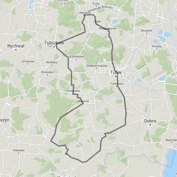 Miniatura mapy "Trasa przez Turek i Malanów" - trasy rowerowej w Wielkopolskie, Poland. Wygenerowane przez planer tras rowerowych Tarmacs.app