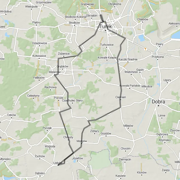 Miniatura mapy "Trasa przez Turek i Miłaczew do Liskowa" - trasy rowerowej w Wielkopolskie, Poland. Wygenerowane przez planer tras rowerowych Tarmacs.app