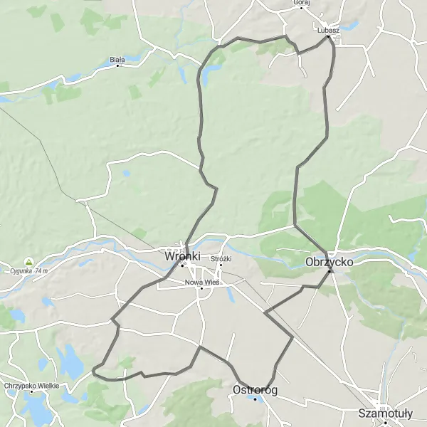 Miniatura mapy "Szlak Rowerowy do Wronki" - trasy rowerowej w Wielkopolskie, Poland. Wygenerowane przez planer tras rowerowych Tarmacs.app