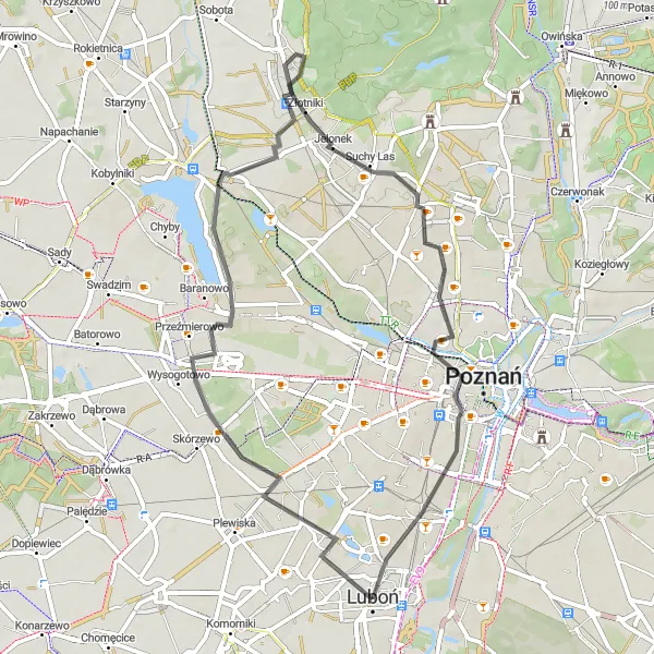 Map miniature of "Luboń and Surroundings" cycling inspiration in Wielkopolskie, Poland. Generated by Tarmacs.app cycling route planner