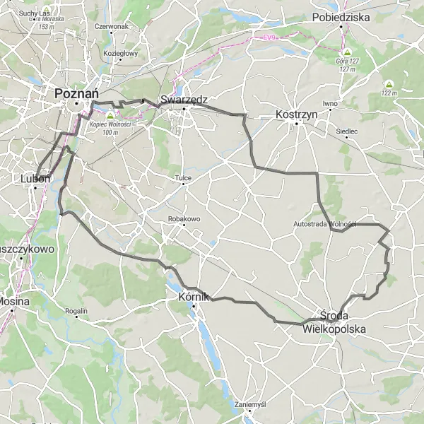 Map miniature of "Scenic Tour through Luboń and Beyond" cycling inspiration in Wielkopolskie, Poland. Generated by Tarmacs.app cycling route planner
