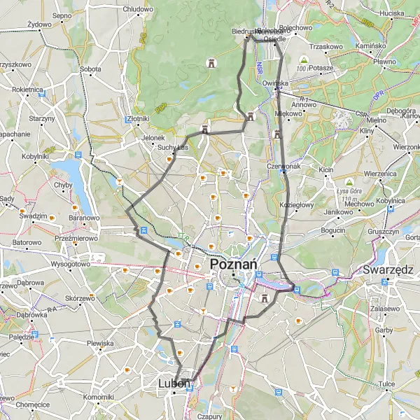 Map miniature of "Road Cycling Adventure around Luboń" cycling inspiration in Wielkopolskie, Poland. Generated by Tarmacs.app cycling route planner