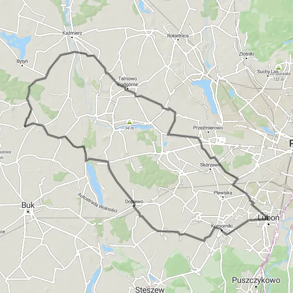 Map miniature of "Journey Through Luboń's Beauty" cycling inspiration in Wielkopolskie, Poland. Generated by Tarmacs.app cycling route planner