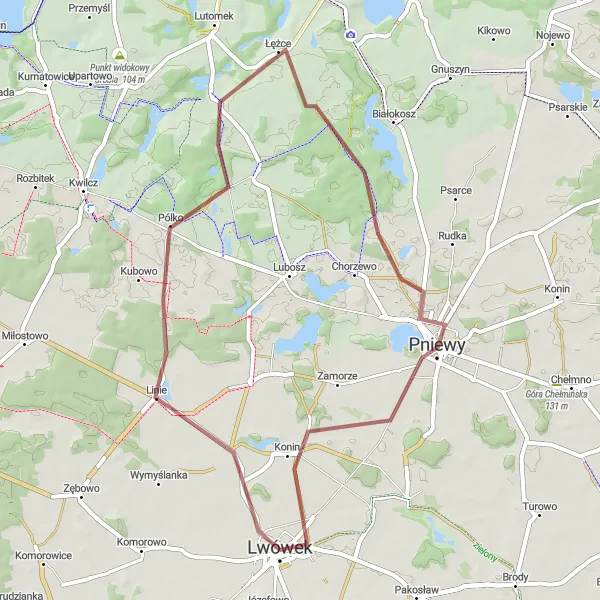 Map miniature of "Kacza Góra Loop" cycling inspiration in Wielkopolskie, Poland. Generated by Tarmacs.app cycling route planner