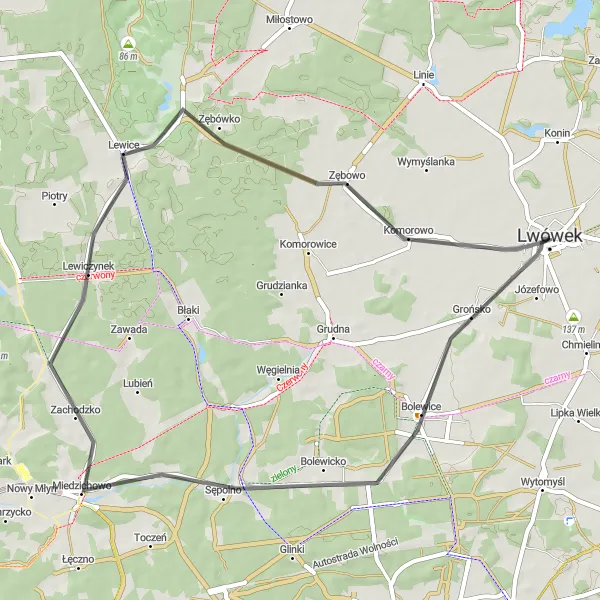 Miniatura mapy "Przez Bolewice do Lwówka" - trasy rowerowej w Wielkopolskie, Poland. Wygenerowane przez planer tras rowerowych Tarmacs.app