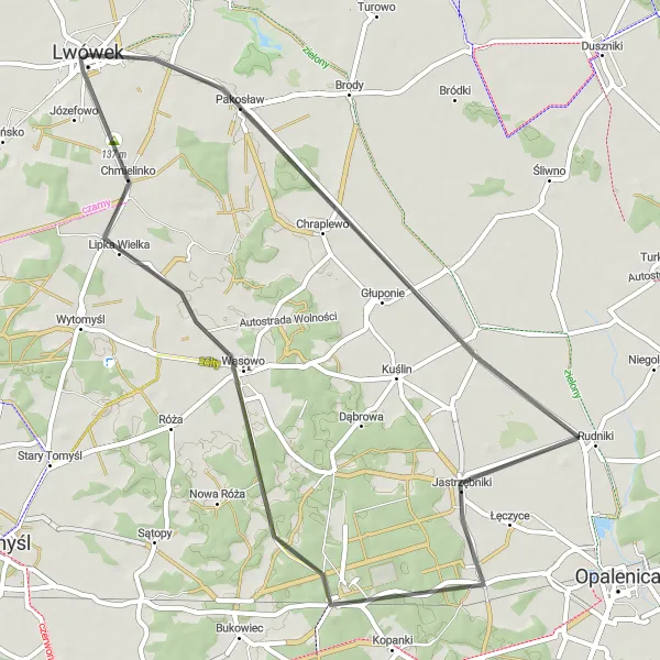 Miniatura mapy "Przez urokliwe wioski do Lwówka" - trasy rowerowej w Wielkopolskie, Poland. Wygenerowane przez planer tras rowerowych Tarmacs.app