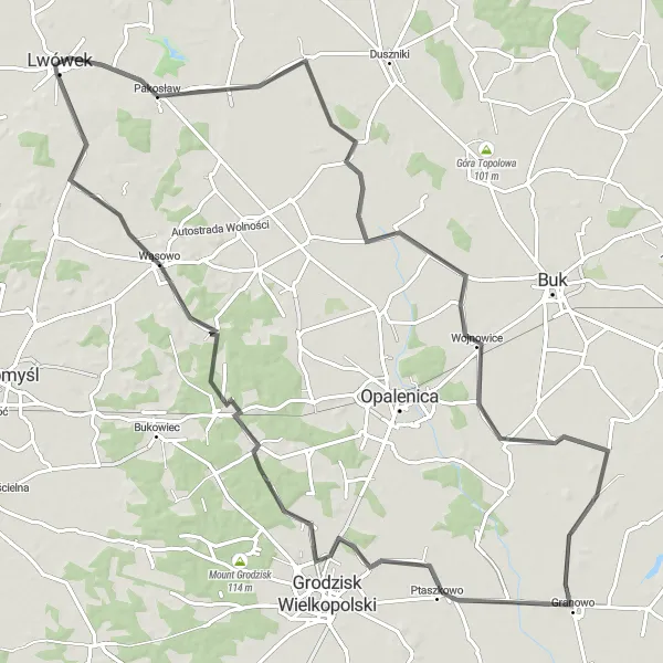 Miniatura mapy "Trasa szlakiem brodów - Lwówek" - trasy rowerowej w Wielkopolskie, Poland. Wygenerowane przez planer tras rowerowych Tarmacs.app