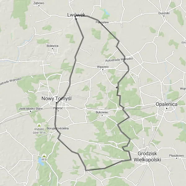 Map miniature of "Historical Trail to Nowy Tomyśl" cycling inspiration in Wielkopolskie, Poland. Generated by Tarmacs.app cycling route planner