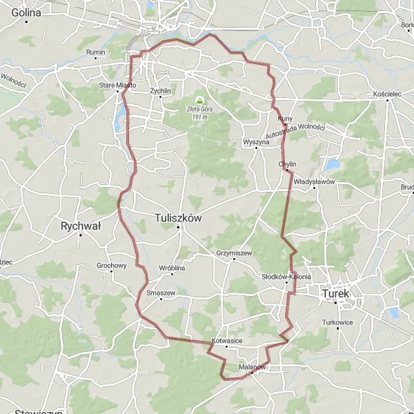 Miniatura mapy "Trasa Dzierzbin - Grąbków" - trasy rowerowej w Wielkopolskie, Poland. Wygenerowane przez planer tras rowerowych Tarmacs.app