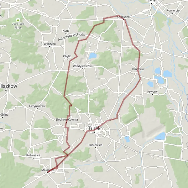Miniatura mapy "Przejażdżka gravelowa przez Słodków i Brudzew" - trasy rowerowej w Wielkopolskie, Poland. Wygenerowane przez planer tras rowerowych Tarmacs.app