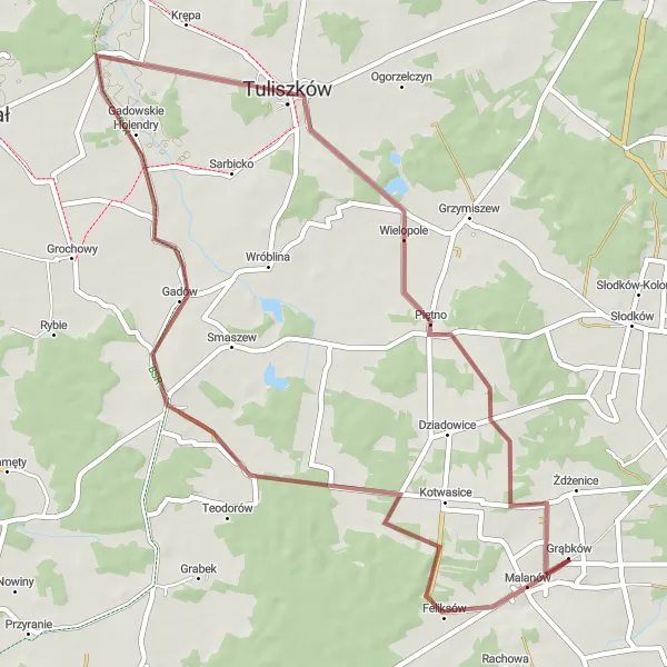 Miniatura mapy "Trasa gravelowa z Malanowa do Grąbkowa" - trasy rowerowej w Wielkopolskie, Poland. Wygenerowane przez planer tras rowerowych Tarmacs.app