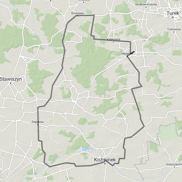 Miniatura mapy "Trasa Malanów - Kotwasice" - trasy rowerowej w Wielkopolskie, Poland. Wygenerowane przez planer tras rowerowych Tarmacs.app