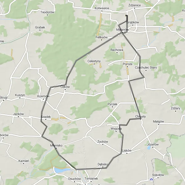 Miniatura mapy "Trasa Miłaczew - Malanów" - trasy rowerowej w Wielkopolskie, Poland. Wygenerowane przez planer tras rowerowych Tarmacs.app