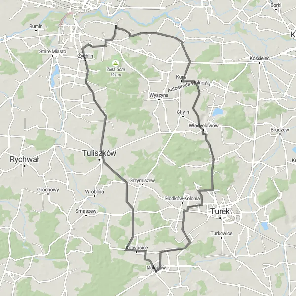 Miniatura mapy "Trasa do Kun i z powrotem" - trasy rowerowej w Wielkopolskie, Poland. Wygenerowane przez planer tras rowerowych Tarmacs.app