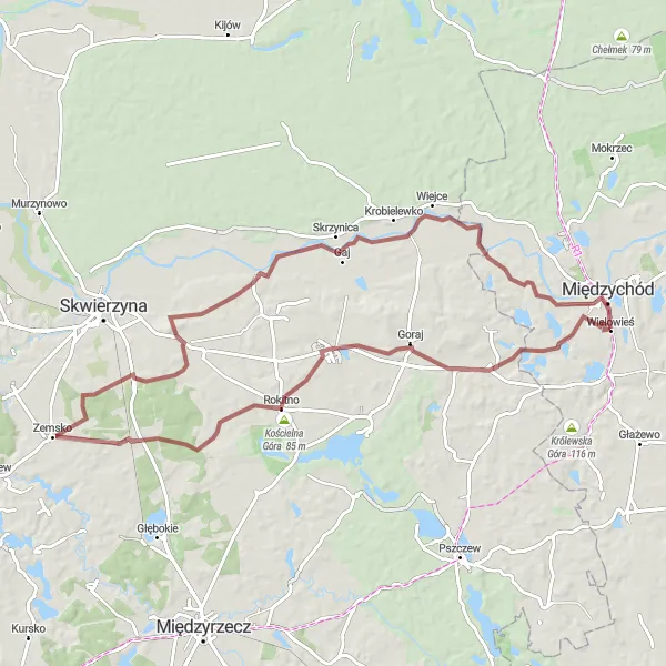 Map miniature of "Gravel Ride to Muchocin and Rokitno" cycling inspiration in Wielkopolskie, Poland. Generated by Tarmacs.app cycling route planner