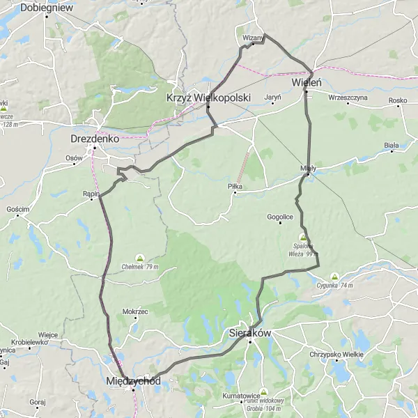 Map miniature of "Countryside Road Cycling Adventure" cycling inspiration in Wielkopolskie, Poland. Generated by Tarmacs.app cycling route planner