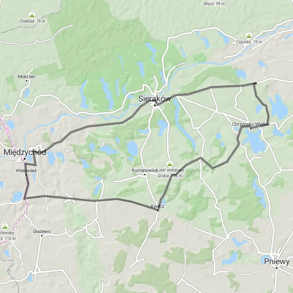Miniatura mapy "Trasa Międzychód - Chrzypsko Wielkie - Międzychód" - trasy rowerowej w Wielkopolskie, Poland. Wygenerowane przez planer tras rowerowych Tarmacs.app
