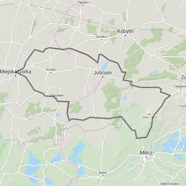 Map miniature of "Scenic Road Tour" cycling inspiration in Wielkopolskie, Poland. Generated by Tarmacs.app cycling route planner