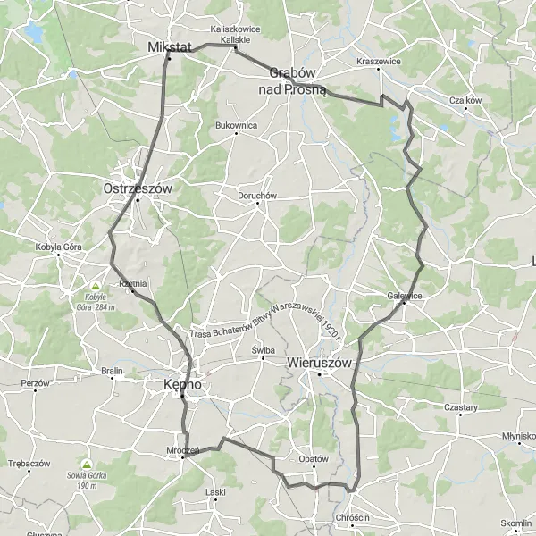 Map miniature of "Historical Journey Through Kępno Region" cycling inspiration in Wielkopolskie, Poland. Generated by Tarmacs.app cycling route planner