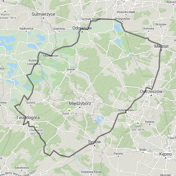 Map miniature of "Challenging Road Cycling Loop via Odolanów and Mikstat-Pustkowie" cycling inspiration in Wielkopolskie, Poland. Generated by Tarmacs.app cycling route planner