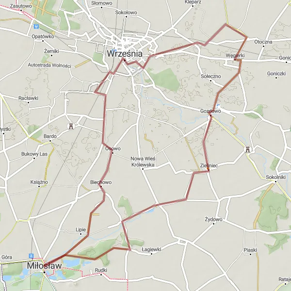 Miniatura mapy "Trasa W Gminie Miłosław" - trasy rowerowej w Wielkopolskie, Poland. Wygenerowane przez planer tras rowerowych Tarmacs.app