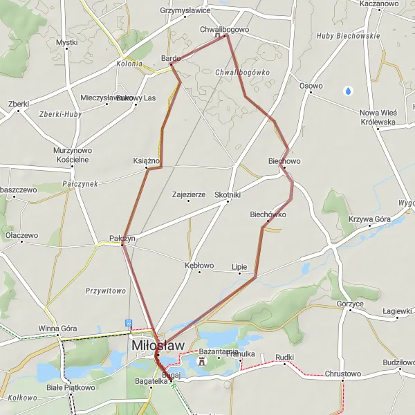 Map miniature of "Miłosław Castle Ride" cycling inspiration in Wielkopolskie, Poland. Generated by Tarmacs.app cycling route planner