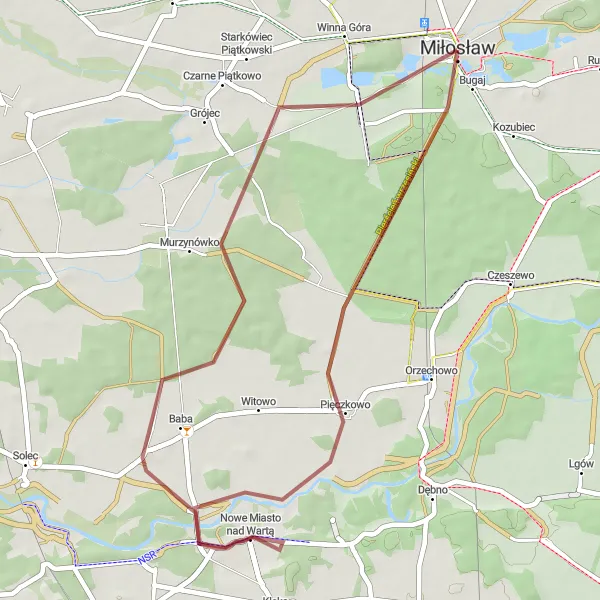 Miniatura mapy "Trasa Gravelowa Bugajem i Wartą" - trasy rowerowej w Wielkopolskie, Poland. Wygenerowane przez planer tras rowerowych Tarmacs.app