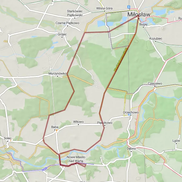 Map miniature of "Miłosław Gravel Ride" cycling inspiration in Wielkopolskie, Poland. Generated by Tarmacs.app cycling route planner