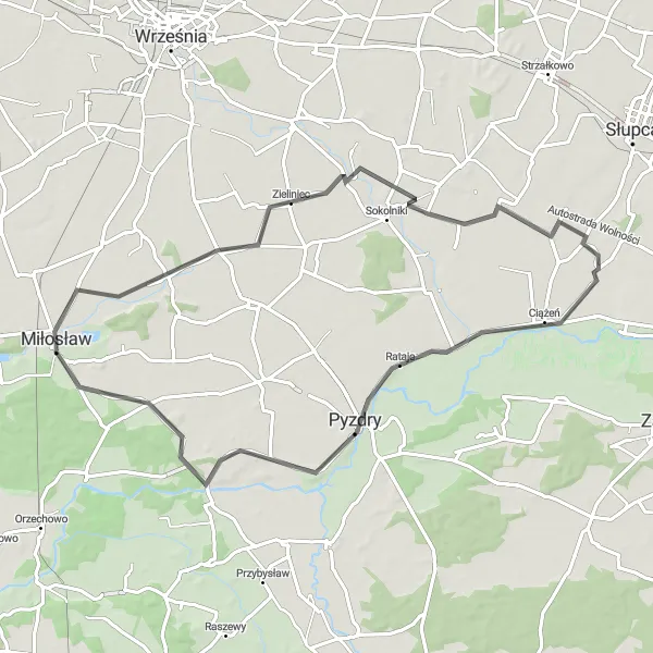 Map miniature of "Pyzdry Escape" cycling inspiration in Wielkopolskie, Poland. Generated by Tarmacs.app cycling route planner