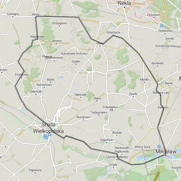 Map miniature of "Miłosław to Pałczyn" cycling inspiration in Wielkopolskie, Poland. Generated by Tarmacs.app cycling route planner