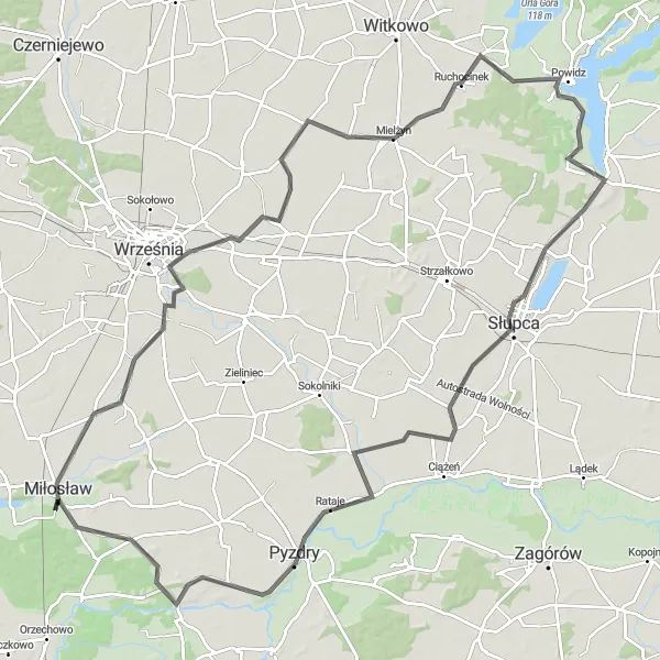 Map miniature of "Słupca Exploration" cycling inspiration in Wielkopolskie, Poland. Generated by Tarmacs.app cycling route planner