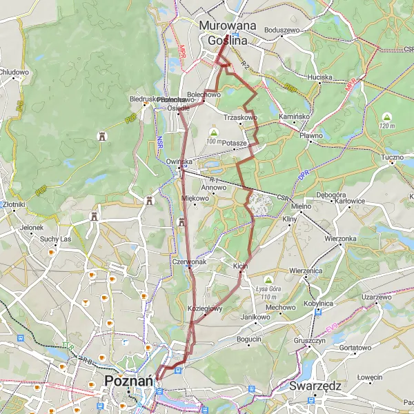 Map miniature of "Gravel Adventure around Murowana Goślina" cycling inspiration in Wielkopolskie, Poland. Generated by Tarmacs.app cycling route planner