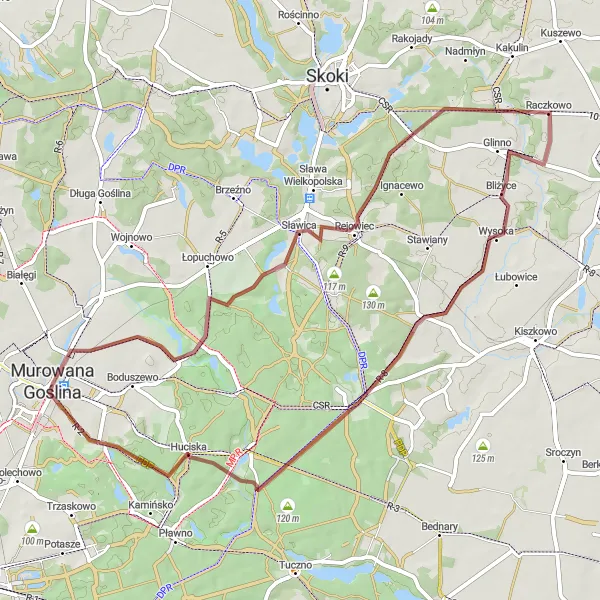 Map miniature of "Gravel adventure through Raczkowo, Pawłowo Skockie, Huciska, and Murowana Goślina" cycling inspiration in Wielkopolskie, Poland. Generated by Tarmacs.app cycling route planner