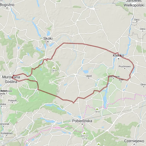 Map miniature of "Scenic gravel adventure through Raczkowo, Brzozogaj, Imiołki, Zielonka, and Murowana Goślina" cycling inspiration in Wielkopolskie, Poland. Generated by Tarmacs.app cycling route planner