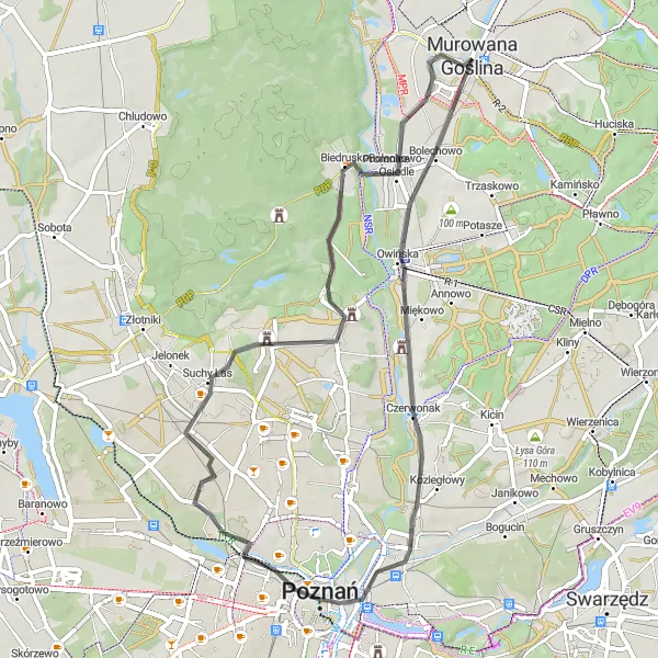 Map miniature of "Northern loop through Czerwonak, Golęcin, Góra Moraska, and Biedrusko" cycling inspiration in Wielkopolskie, Poland. Generated by Tarmacs.app cycling route planner