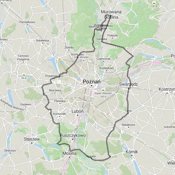 Map miniature of "Countryside Road Journey from Murowana Goślina" cycling inspiration in Wielkopolskie, Poland. Generated by Tarmacs.app cycling route planner