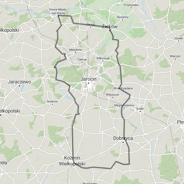 Map miniature of "Charming Road Cycling Route near Nowe Miasto nad Wartą" cycling inspiration in Wielkopolskie, Poland. Generated by Tarmacs.app cycling route planner