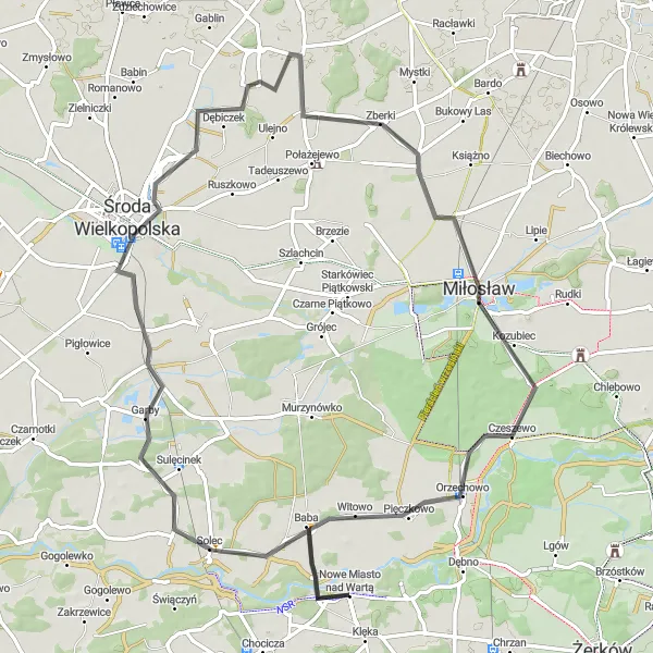 Miniatura mapy "Trasa Szosowa Solec-Górka Wojtaszaka-Miłosław (Nowe Miasto nad Wartą)" - trasy rowerowej w Wielkopolskie, Poland. Wygenerowane przez planer tras rowerowych Tarmacs.app