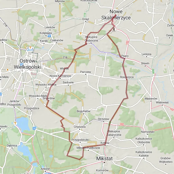 Map miniature of "Rososzyca Gravel Loop" cycling inspiration in Wielkopolskie, Poland. Generated by Tarmacs.app cycling route planner