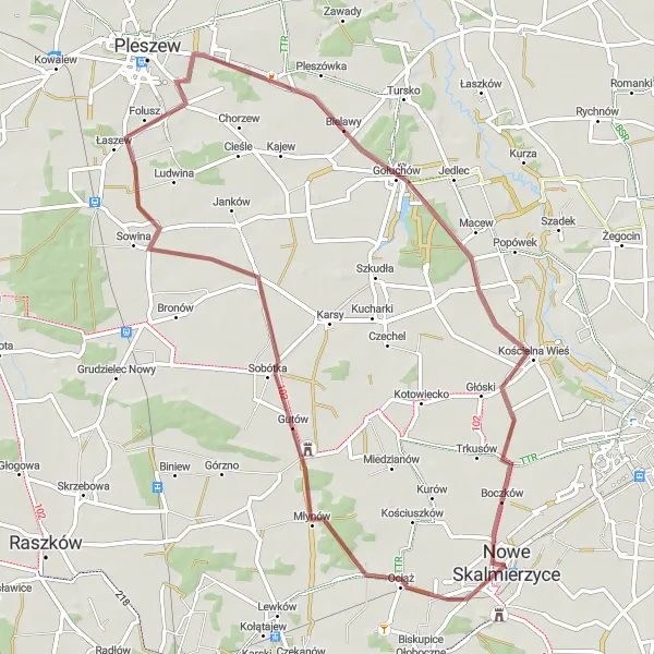 Map miniature of "Skalmierzyce to Gołuchów Gravel Adventure" cycling inspiration in Wielkopolskie, Poland. Generated by Tarmacs.app cycling route planner