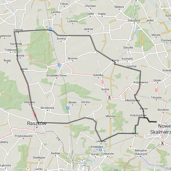 Miniatura mapy "Przyjemna przejażdżka po okolicach Nowych Skalmierzyc" - trasy rowerowej w Wielkopolskie, Poland. Wygenerowane przez planer tras rowerowych Tarmacs.app