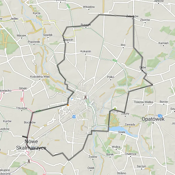 Miniatura mapy "Wycieczka rowerowa po okolicach Nowych Skalmierzyc" - trasy rowerowej w Wielkopolskie, Poland. Wygenerowane przez planer tras rowerowych Tarmacs.app