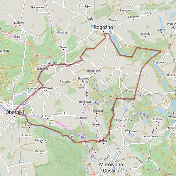 Map miniature of "Jaracz Gravel Loop" cycling inspiration in Wielkopolskie, Poland. Generated by Tarmacs.app cycling route planner